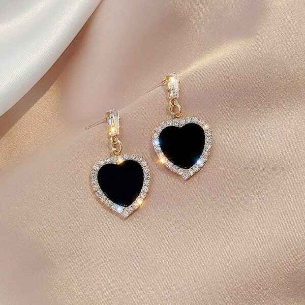 Black Heart Earrings: Gold Crystal Halo Drop Studs for Women