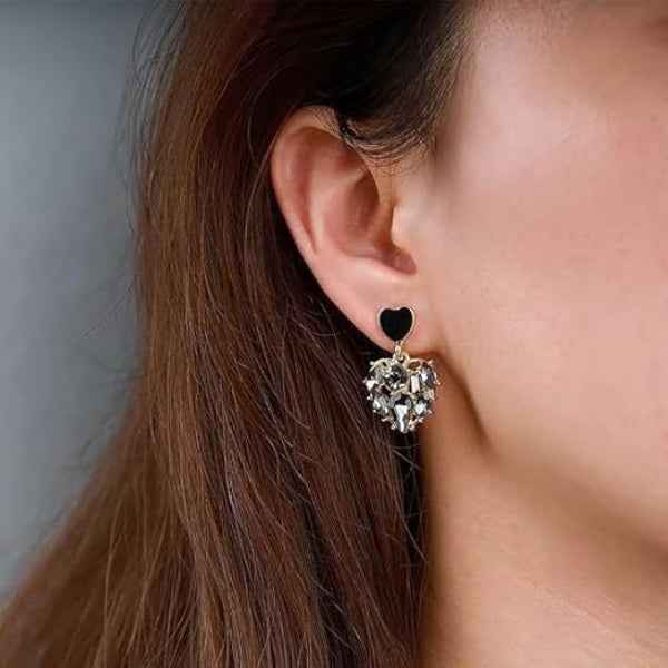 Glamorous Statement Earrings | Black Heart & Smoked Crystal Drop Jewelry