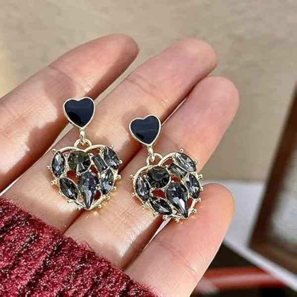 Glamorous Statement Earrings | Black Heart & Smoked Crystal Drop Jewelry