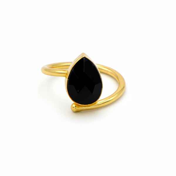 Black Onyx Ring - Shimmering Teardrop Gold Plated Adjustable Band Ring