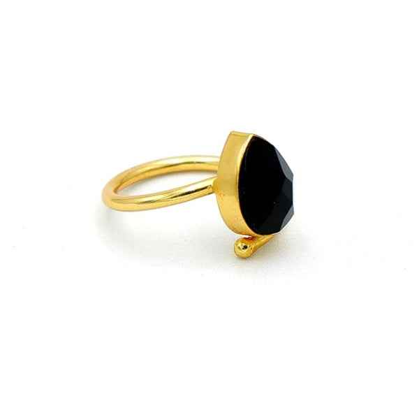 Black Onyx Ring - Shimmering Teardrop Gold Plated Adjustable Band Ring
