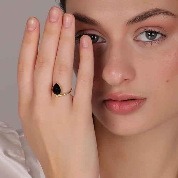 Black Onyx Ring - Shimmering Teardrop Gold Plated Adjustable Band Ring