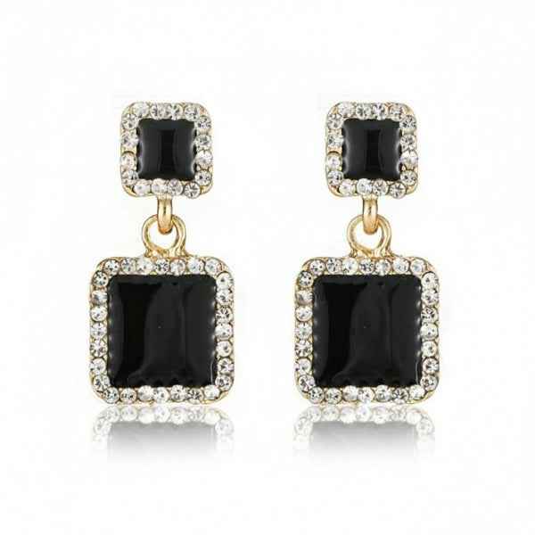 Chic Black Square Drop Earrings | Crystal Dangle Studs Statement Jewelry