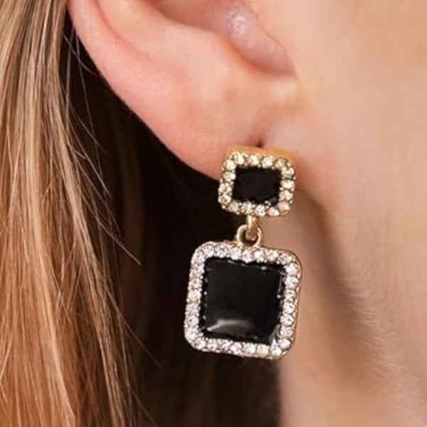Chic Black Square Drop Earrings | Crystal Dangle Studs Statement Jewelry