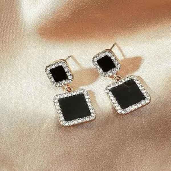 Chic Black Square Drop Earrings | Crystal Dangle Studs Statement Jewelry