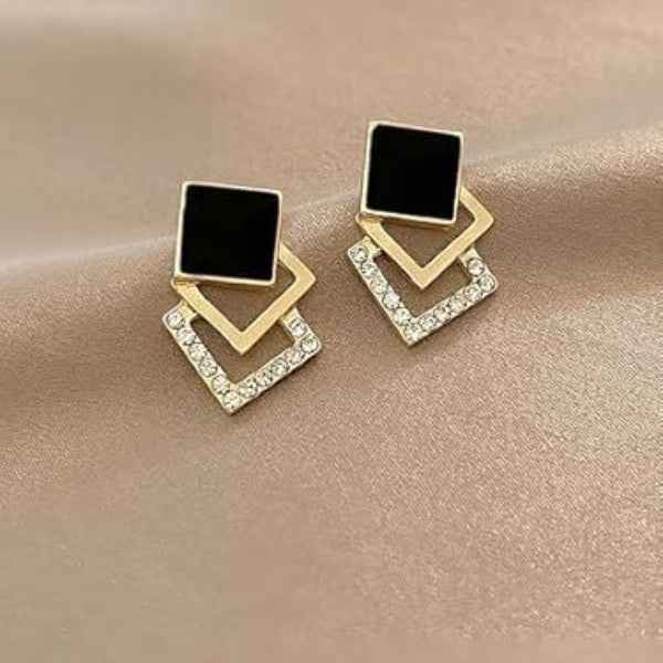 Chic Black Square Stud Earrings | Geometric Dangle Fashion Statement Studs