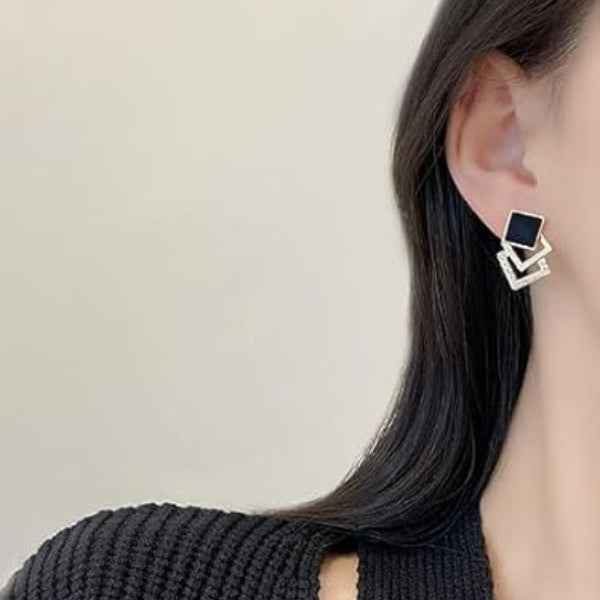 Chic Black Square Stud Earrings | Geometric Dangle Fashion Statement Studs
