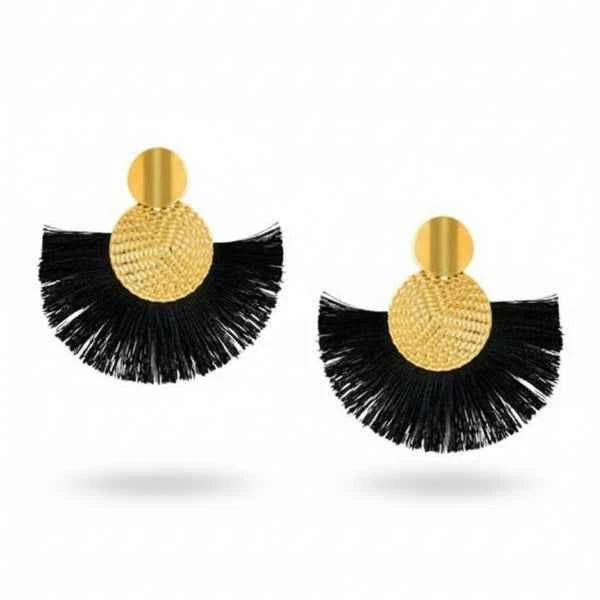 Bold Black Tassel Earrings | Gold Fan Drop Fashion Statement Studs