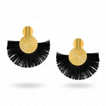 Bold Black Tassel Earrings | Gold Fan Drop Fashion Statement Studs