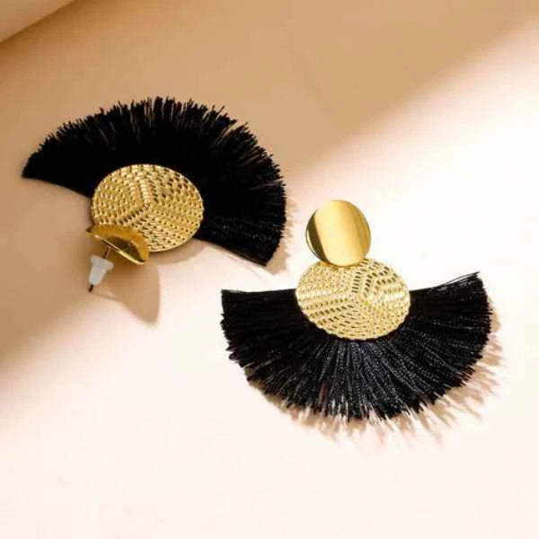 Bold Black Tassel Earrings | Gold Fan Drop Fashion Statement Studs