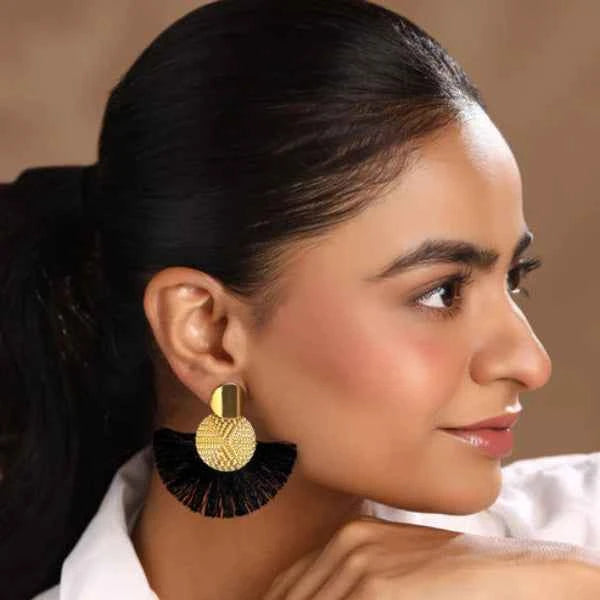 Bold Black Tassel Earrings | Gold Fan Drop Fashion Statement Studs