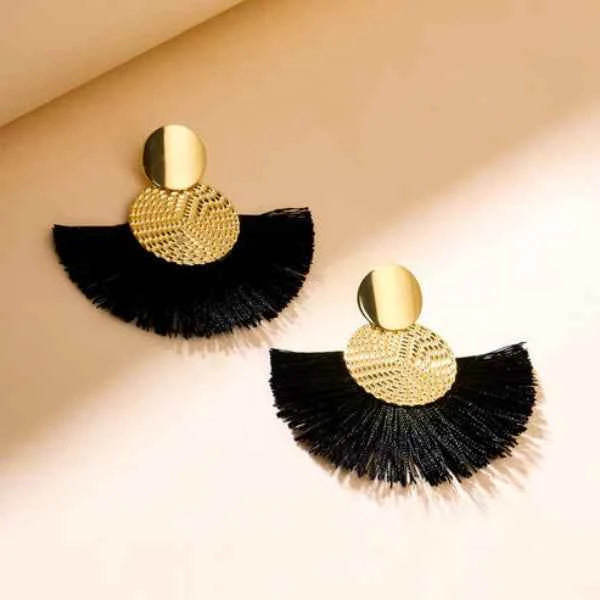 Bold Black Tassel Earrings | Gold Fan Drop Fashion Statement Studs
