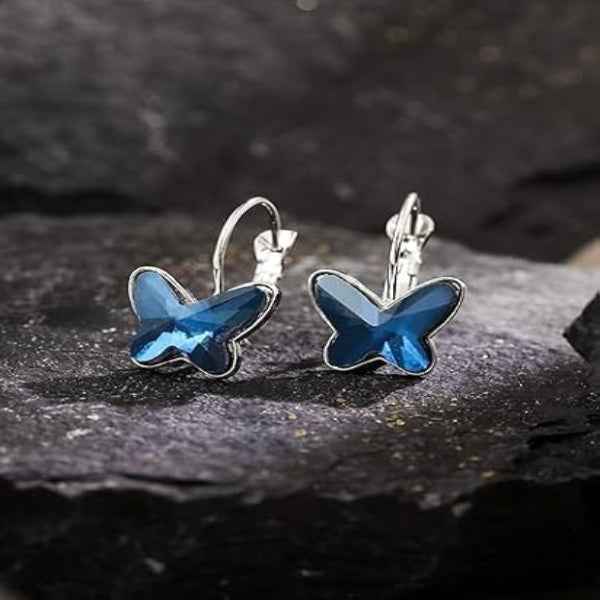 Dazzling Blue Crystal Butterfly Dangle Earrings | Leverback Drop