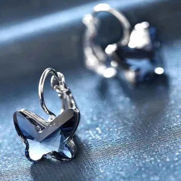 Dazzling Blue Crystal Butterfly Dangle Earrings | Leverback Drop