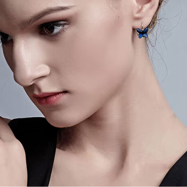 Dazzling Blue Crystal Butterfly Dangle Earrings | Leverback Drop