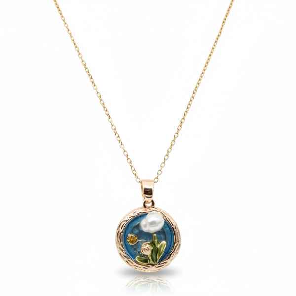 Blue Enamel Necklace with Pearl Flower Jewelry Gold Round Pendant