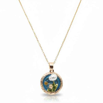 Blue Enamel Necklace with Pearl Flower Jewelry Gold Round Pendant