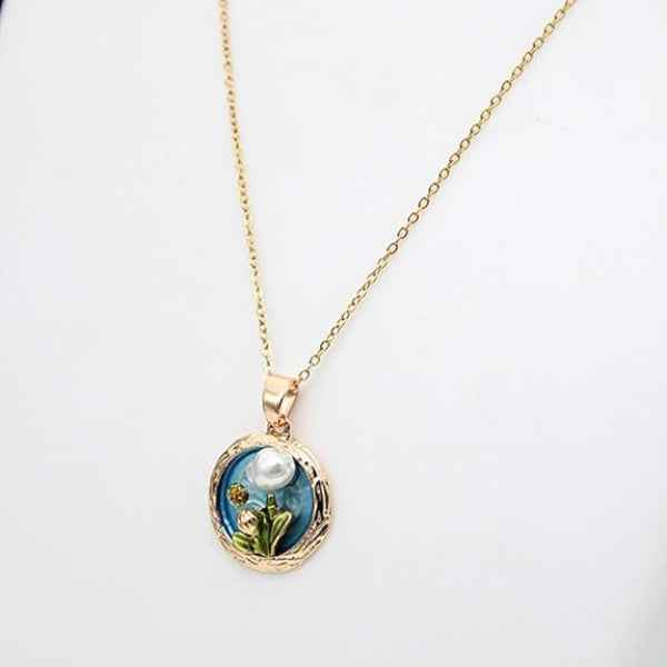 Blue Enamel Necklace with Pearl Flower Jewelry Gold Round Pendant