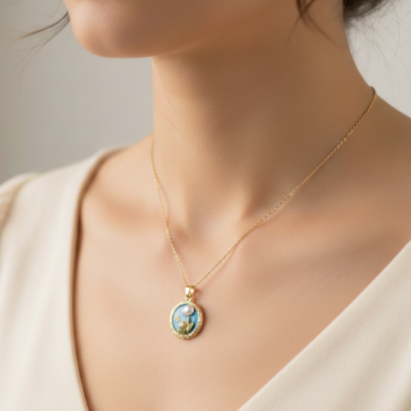 Blue Enamel Necklace with Pearl Flower Jewelry Gold Round Pendant