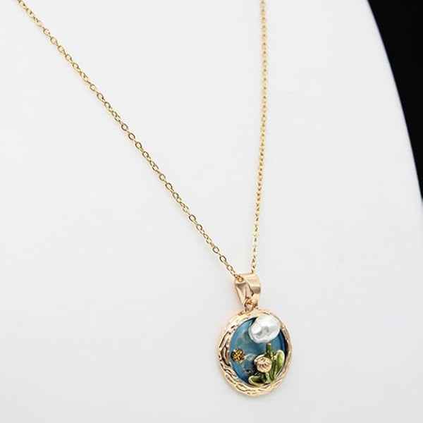 Blue Enamel Necklace with Pearl Flower Jewelry Gold Round Pendant