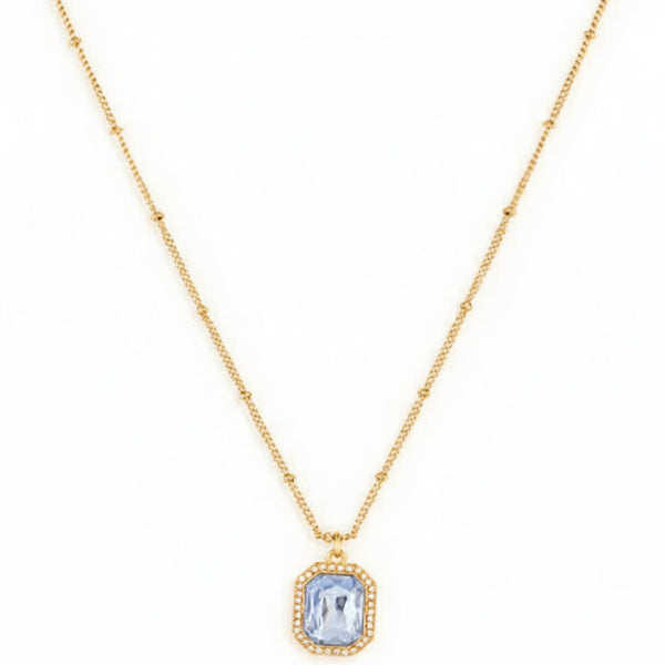 Blue Gemstone Rectangle Necklace – Elegant Gold Plated Crystal Halo Pendant