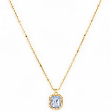 Blue Gemstone Rectangle Necklace – Elegant Gold Plated Crystal Halo Pendant