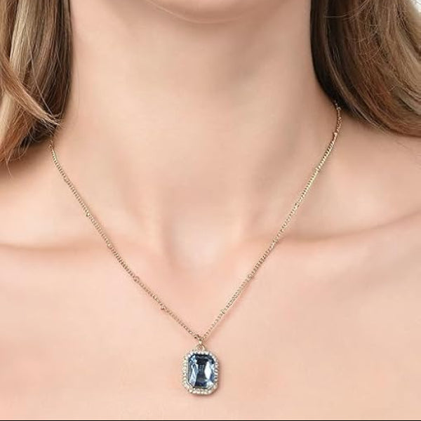 Elegant Blue Gemstone Rectangle Gold Necklace | Dainty Crystal Halo - LA Miraya