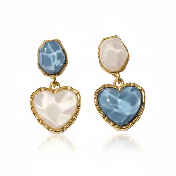 Blue Heart Dangles | Dainty Gold Mismatched Resin Heart Drop Earrings