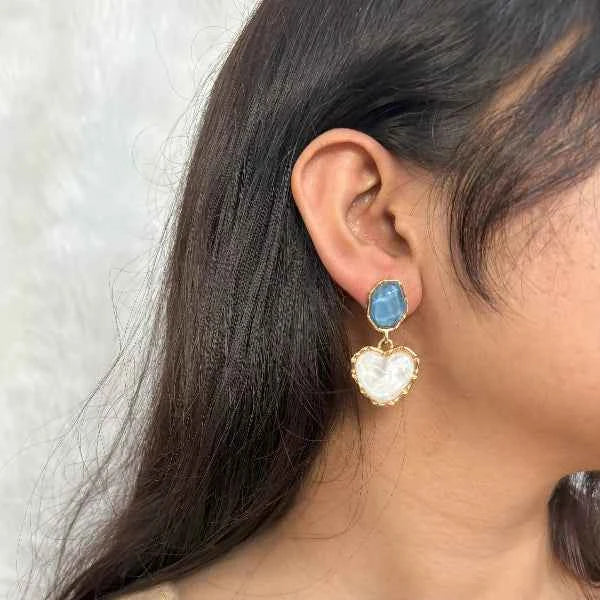 Blue Heart Dangles | Dainty Gold Mismatched Resin Heart Drop Earrings