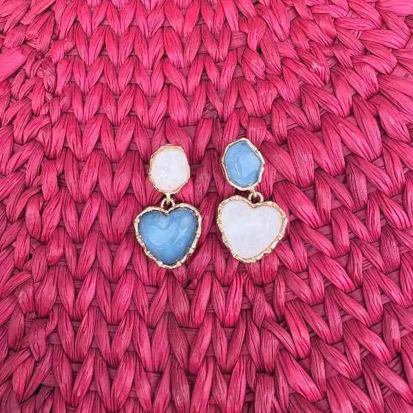 Blue Heart Dangles | Dainty Gold Mismatched Resin Heart Drop Earrings