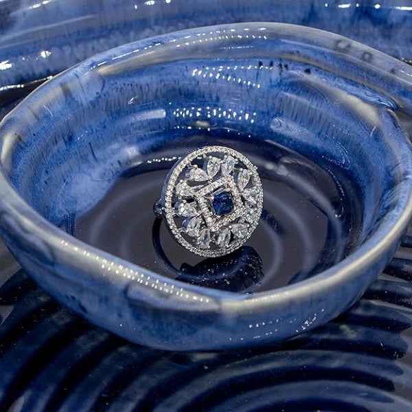 Blue Sapphire Diamond Ring | Art Deco Halo Statement Jewelry Gift