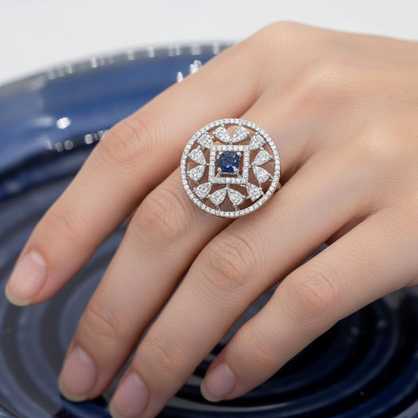 Blue Sapphire Diamond Ring | Art Deco Halo Statement Jewelry Gift