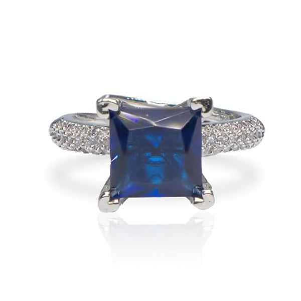 Blue Sapphire Ring | Sparkling Silver Princess Cut Statement Ring