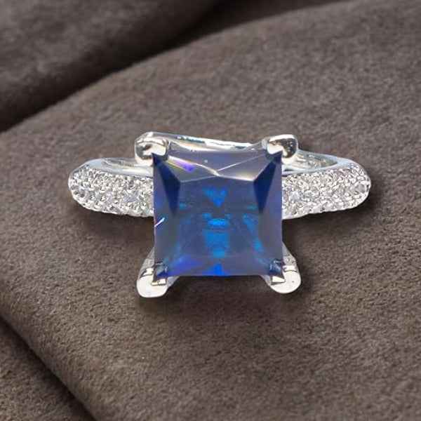 Blue Sapphire Ring | Sparkling Silver Princess Cut Statement Ring