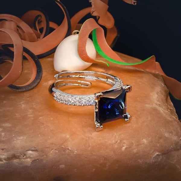 Blue Sapphire Ring | Sparkling Silver Princess Cut Statement Ring