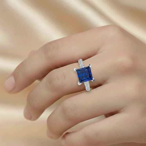 Blue Sapphire Ring | Sparkling Silver Princess Cut Statement Ring
