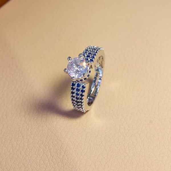 Blue Solitaire Ring | Sparkling silver Plated Adjustable Ring for Her