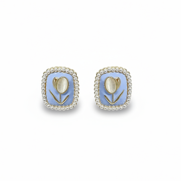 Blue Tulip Earrings - Vintage Stud Jewelry & Pearl Border Earrings