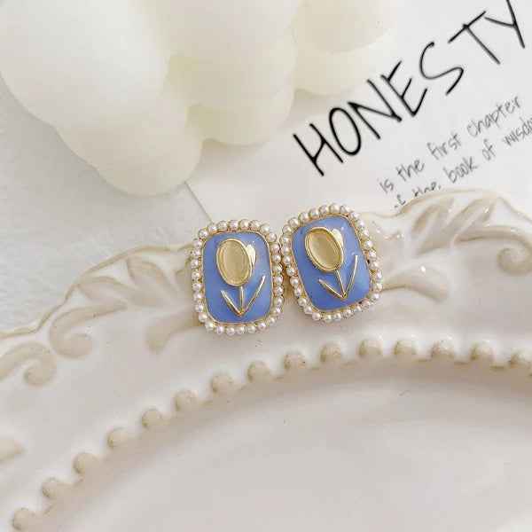 Blue Tulip Earrings - Vintage Stud Jewelry & Pearl Border Earrings