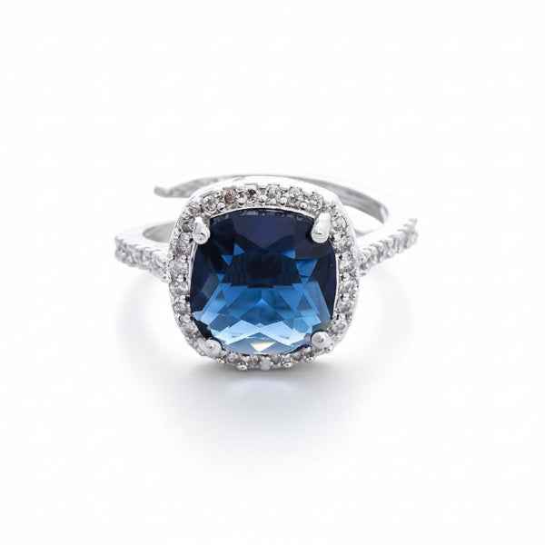 Blue Sapphire Zirconia Adjustable Ring - Rhodium Plated Finger Ring