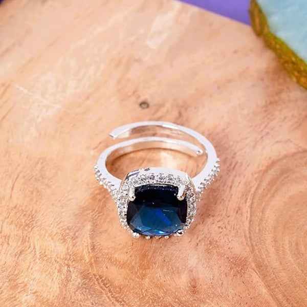 Blue Sapphire Zirconia Adjustable Ring - Rhodium Plated Finger Ring