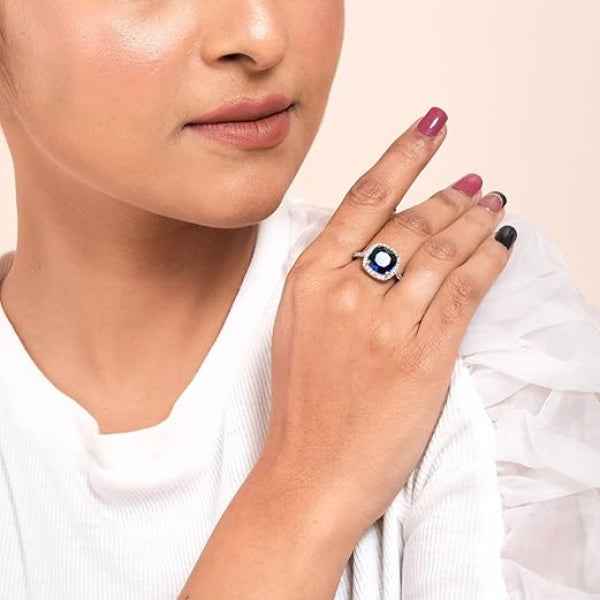 Blue Sapphire Zirconia Adjustable Ring - Rhodium Plated Finger Ring
