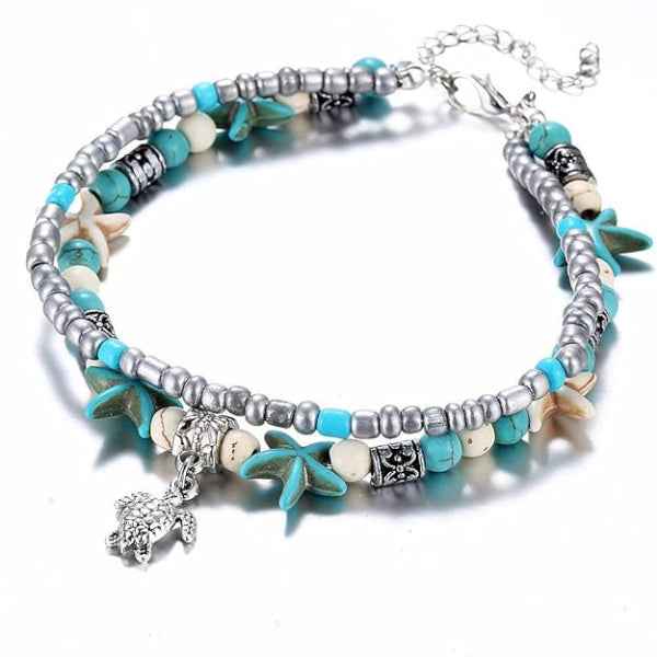 Boho Turtle Anklet with Turquoise Beads – Coastal Summer Beach Jewelry