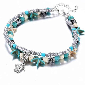 Boho Turtle Anklet with Turquoise Beads – Coastal Summer Beach Jewelry