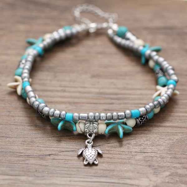 Boho Turtle Anklet with Turquoise Beads – Coastal Summer Beach Jewelry
