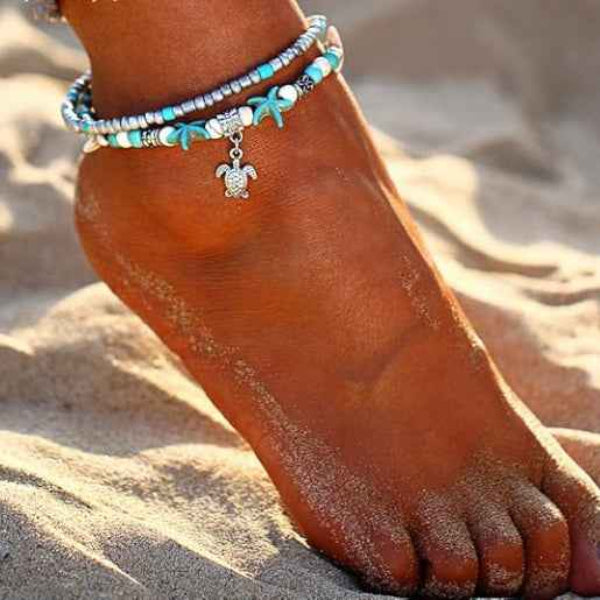 Boho Turtle Anklet with Turquoise Beads – Coastal Summer Beach Jewelry