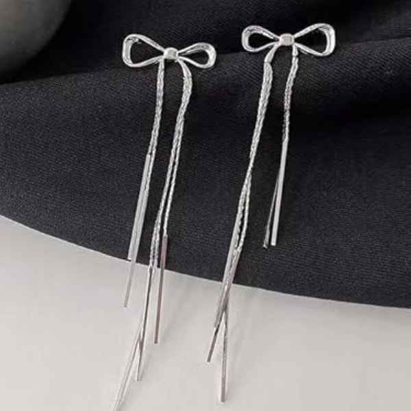 Chic Bow Dangle Earrings: Chain Tassel Silver Drop Jewelry