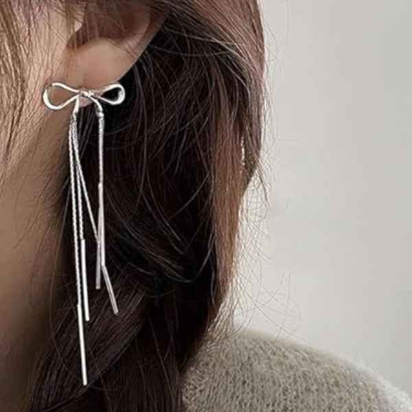Chic Bow Dangle Earrings: Chain Tassel Silver Drop Jewelry