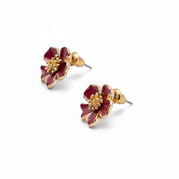 Burgundy Flower Studs | Dainty Gold Enamel Floral Bloom Post Earrings