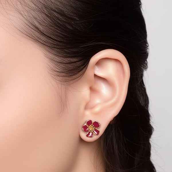 Burgundy Flower Studs | Dainty Gold Enamel Floral Bloom Post Earrings